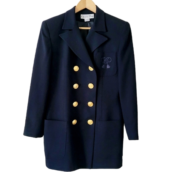 Vintage Christian Dior Double Breasted Rope Embroidered Detail Blazer Navy Sz 10 - Picture 16 of 16